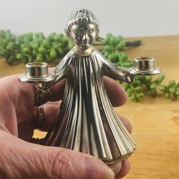 Silver Plate Italy Angel Candle Holder holds 2 Small Candles Over 3 Inches - Picture 4 of 6